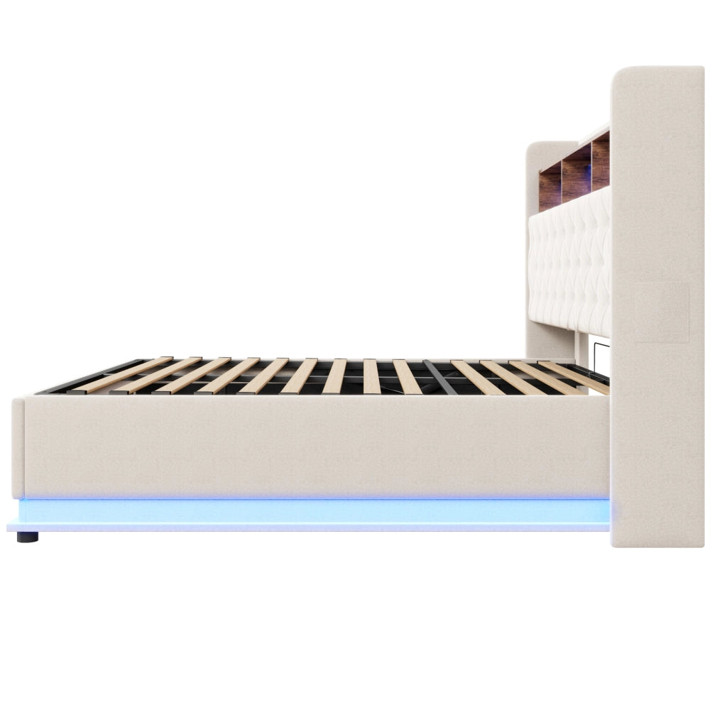 Letti contenitori 180x200 cm; luci LED multicolore e USB; tessuto; beige