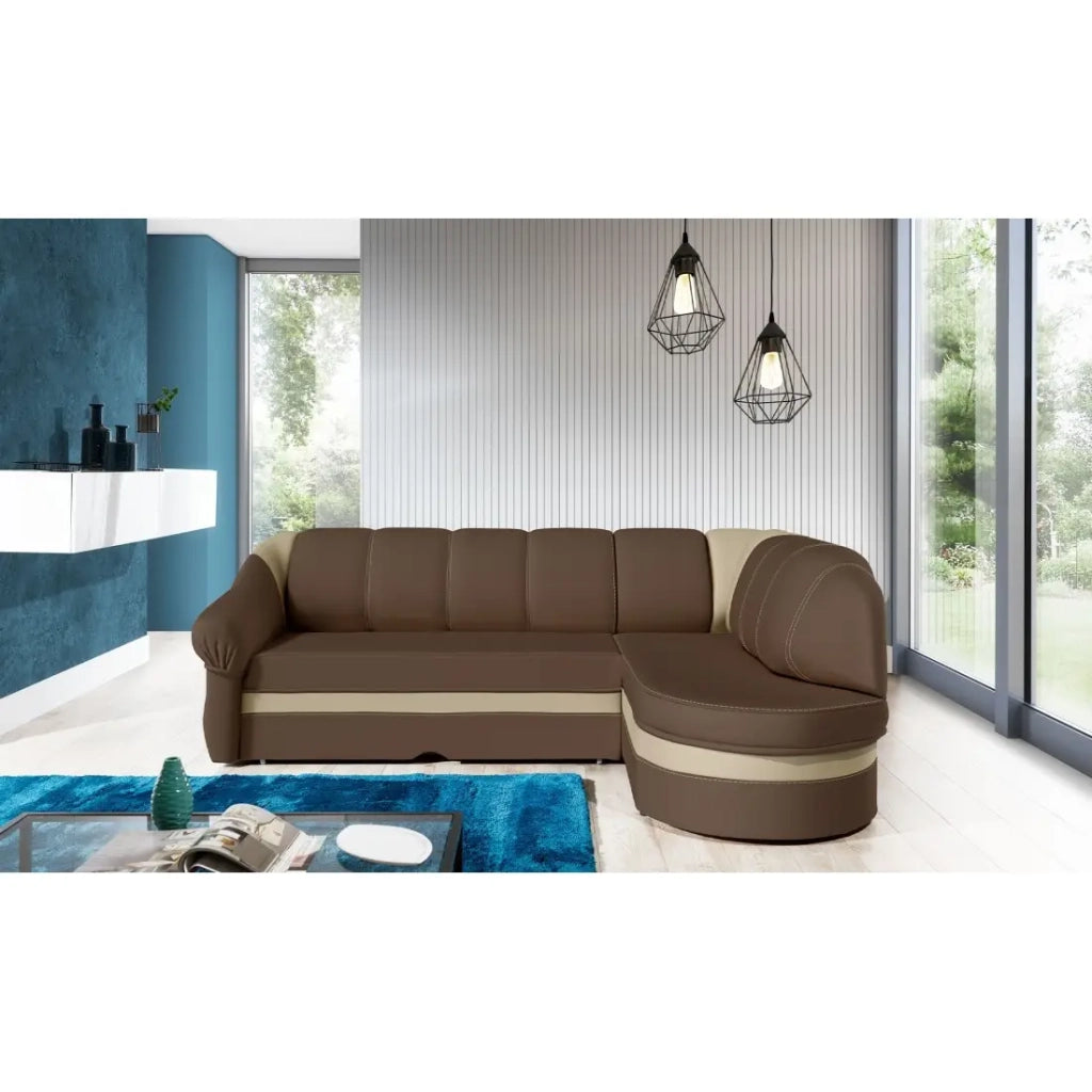 Divano ad angolo destro trasformabile BENANA 250 cm marrone e beige con contenitore