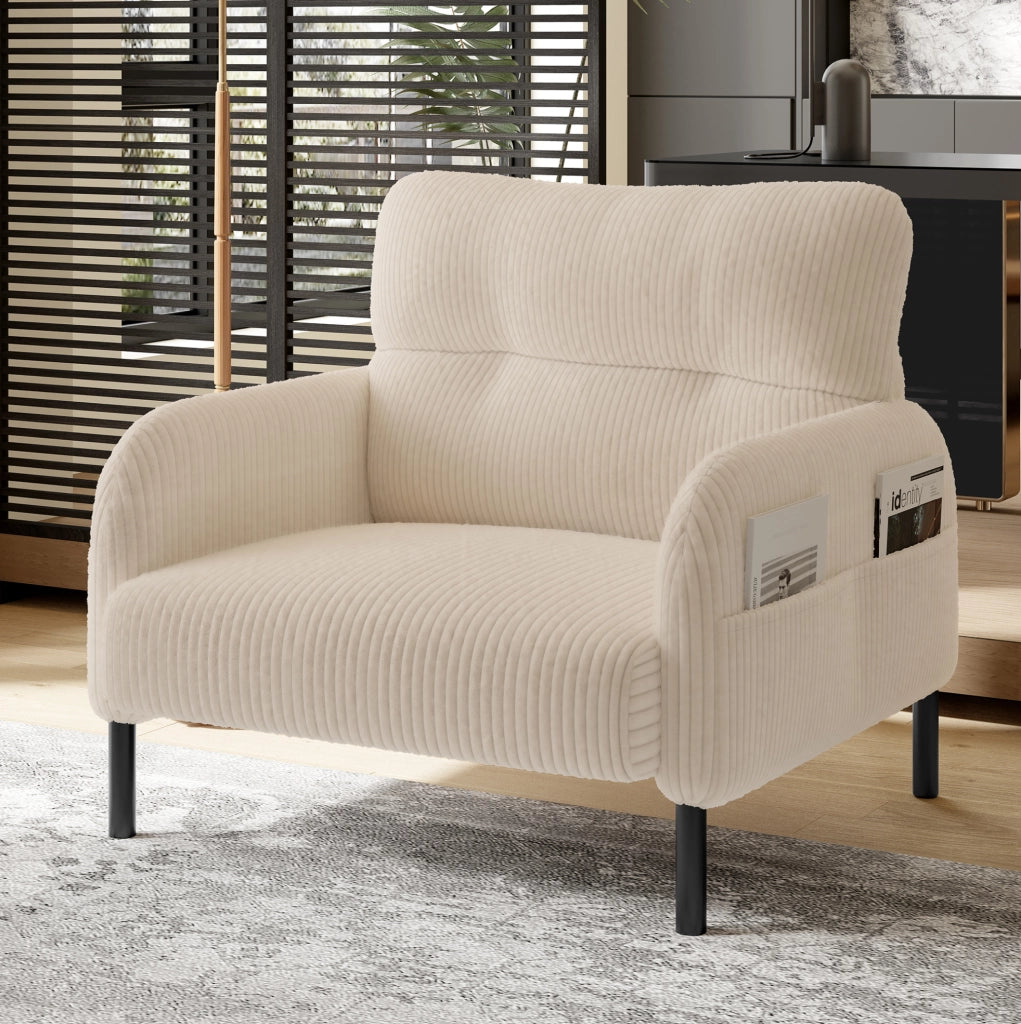 Poltrona singola in corduroy beige con tasca laterale; struttura in metallo; 67x75x79 cm
