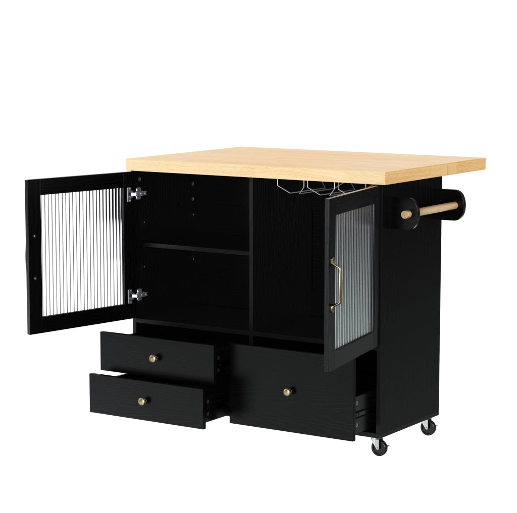 Isola cucina 100x42-70x91.5 cm con piano estendibile e ruote in MDF nero e naturale