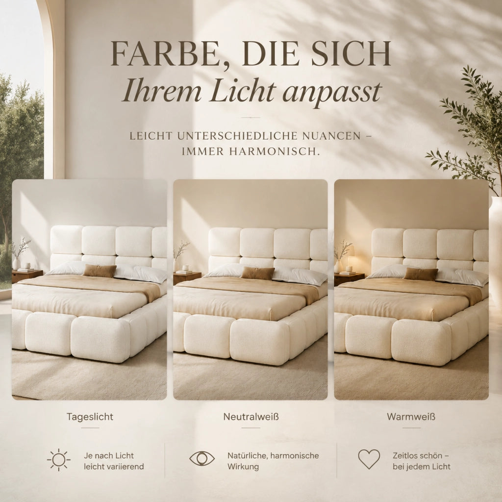 Letto contenitore matrimoniale 160 × 200 cm con sollevamento idraulico, senza materasso, in bouclé, bianco