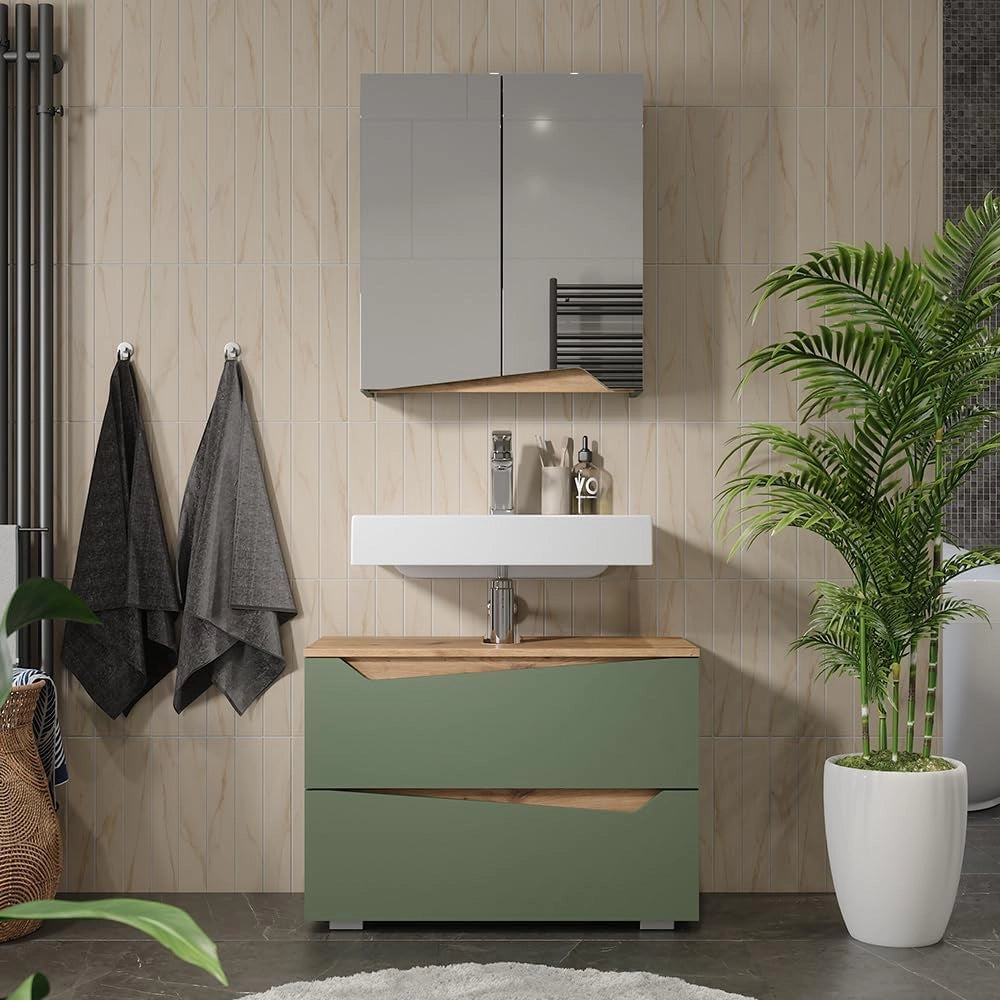 Specchio contenitore bagno Marelle, Verde/Artigianale, 60 x 67 cm con ripiano regolabile in altezza, adatto al montaggio a parete e combinabile con i mobili Marelle