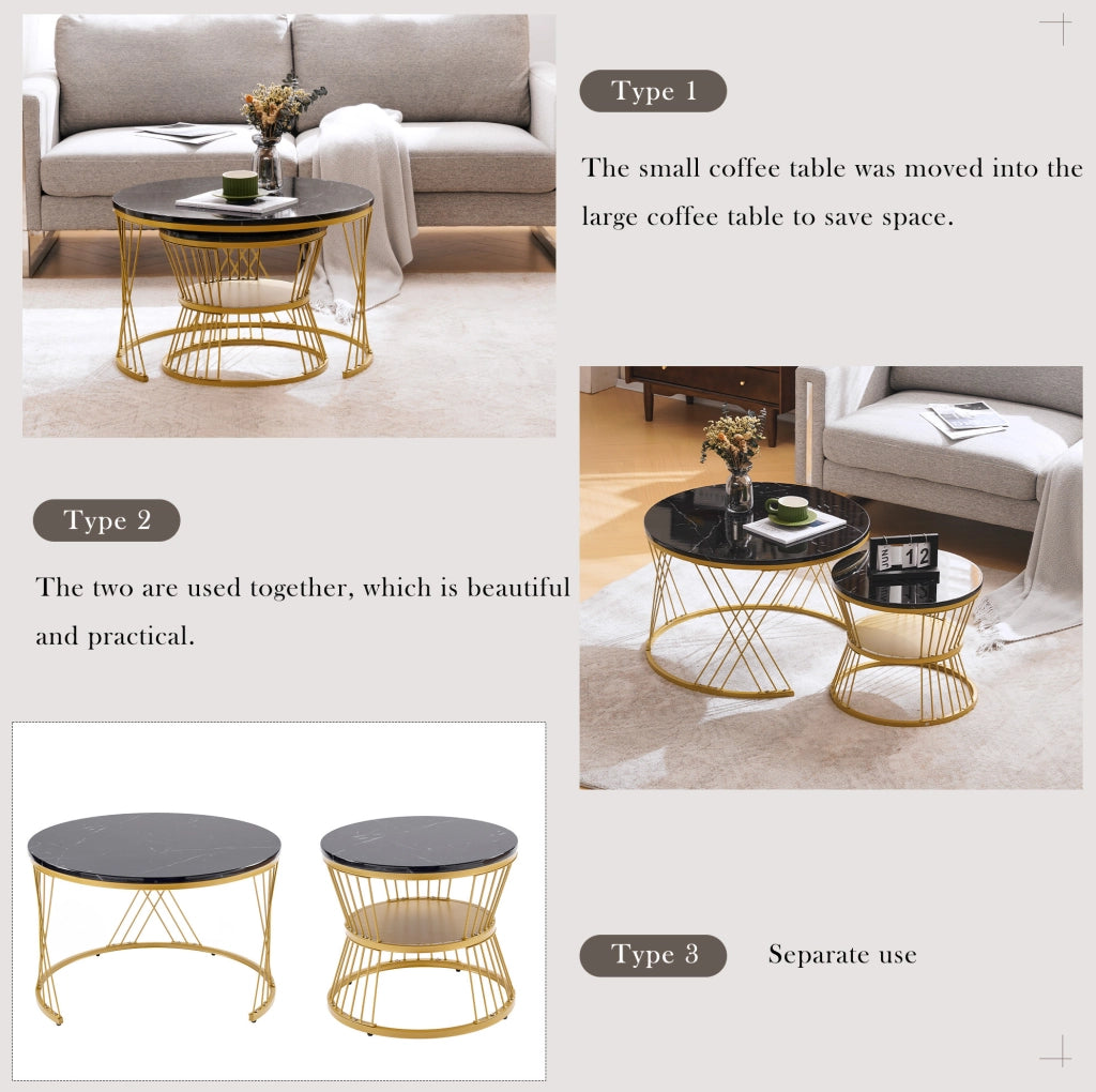 Set di 2 tavolini da salotto rotondi nesting 70/45 cm in MDF nero; effetto marmo