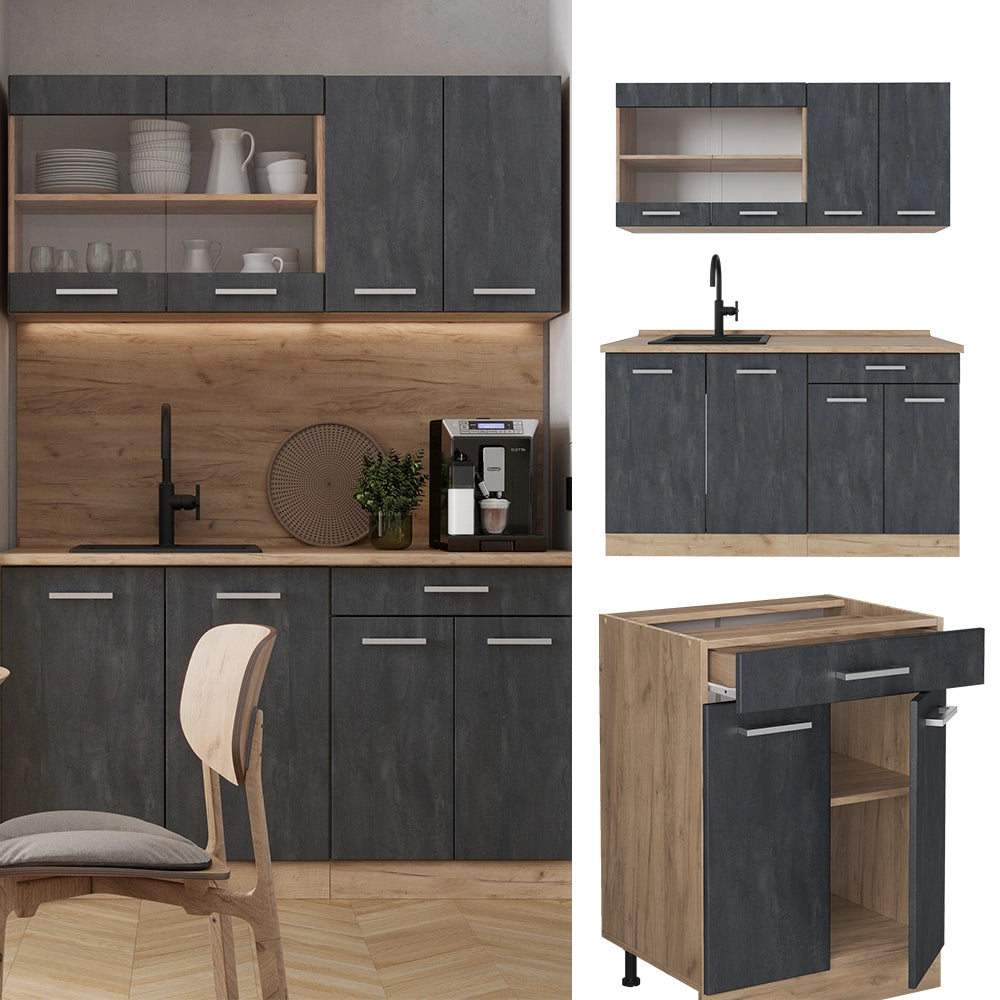 Vicco Cucina monoblocco Calcestruzzo nero/quercia dorata 140 cm PL Rovere