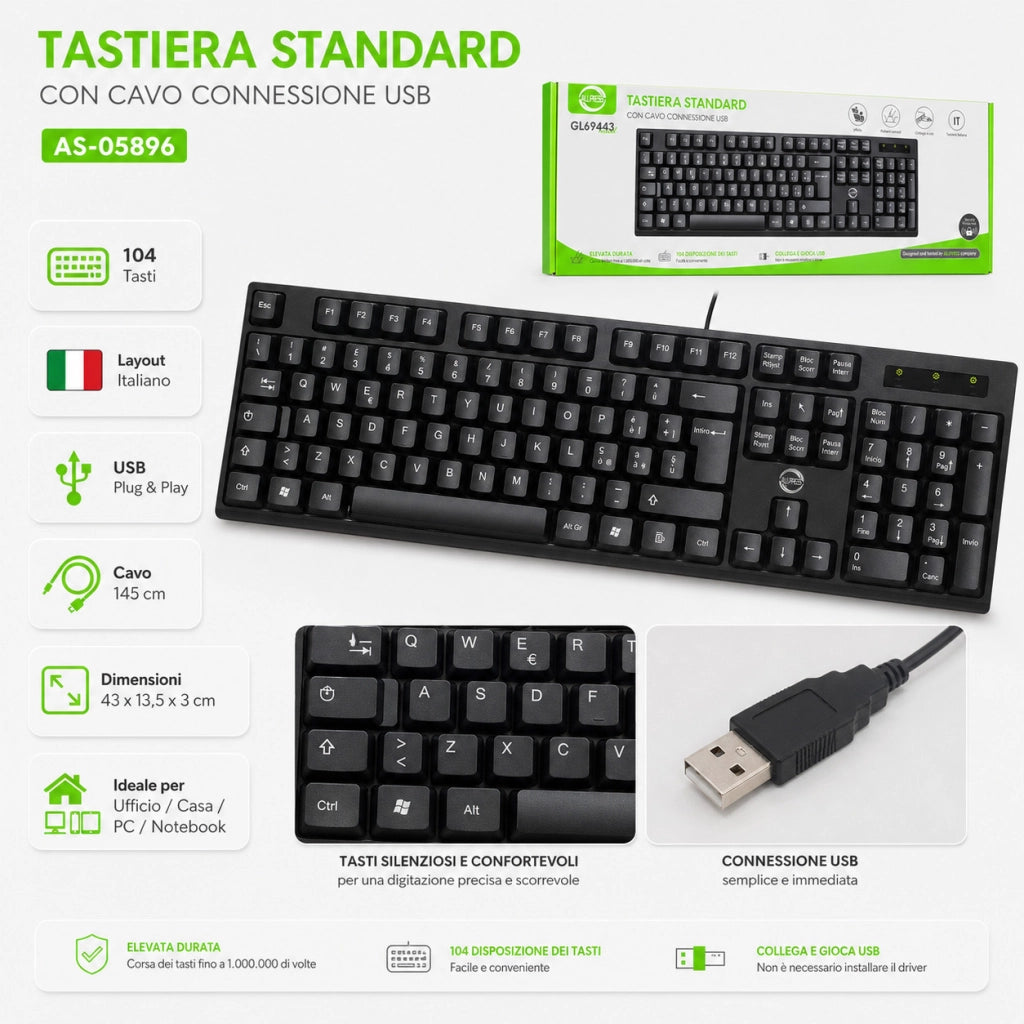 TASTIERA USB STANDARD 104 TASTI ITALIANA CABLATA PC  UFFICIO AS-05896