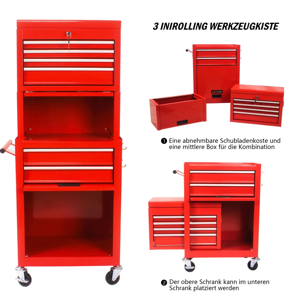 Carrello portautensili rosso con 6 cassetti, ruote e chiusura