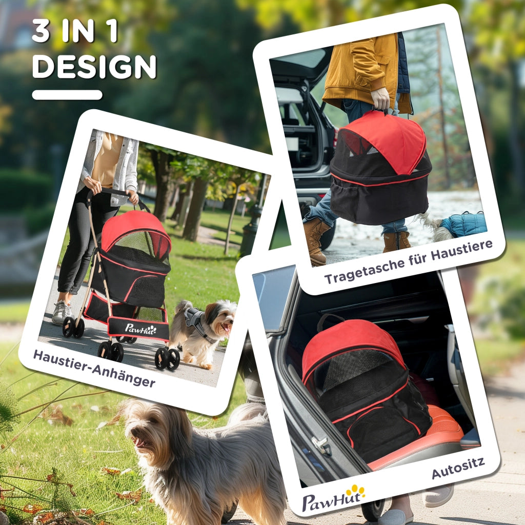 Carrello pieghevole 2 in 1 per cani e gatti con sacca rimovibile in tessuto Oxford rosso 82 × 49,5 × 98 cm