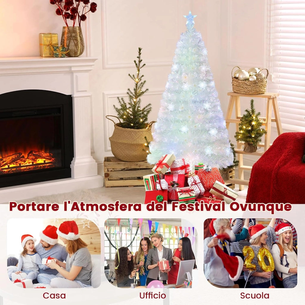 Albero di Natale Pre-illuminato in Fibra Ottica 120/150/180/210 cm, Albero di Natale Bianco con Foglie Iridescenti, Luci a LED a Fiocco di Neve Multicolore, Luce Superiore a Stella (150 CM)