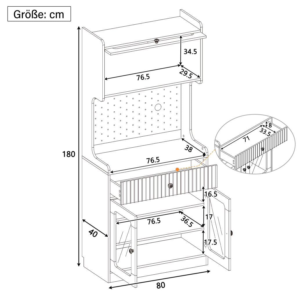 Credenza alta con 1 cassetto, ripiani regolabili, LED e vetrina per cucina, soggiorno e sala da pranzo 80 × 40 × 180 cm