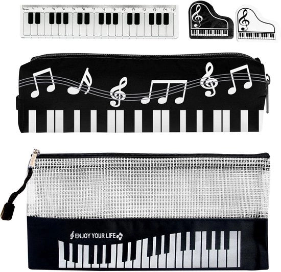 Etui per pianoforte in tessuto nero - Etui per ragazze - Etui portatile - Chiusura a cerniera - Incluso righello/gomma - Materiale in canapa duraturo