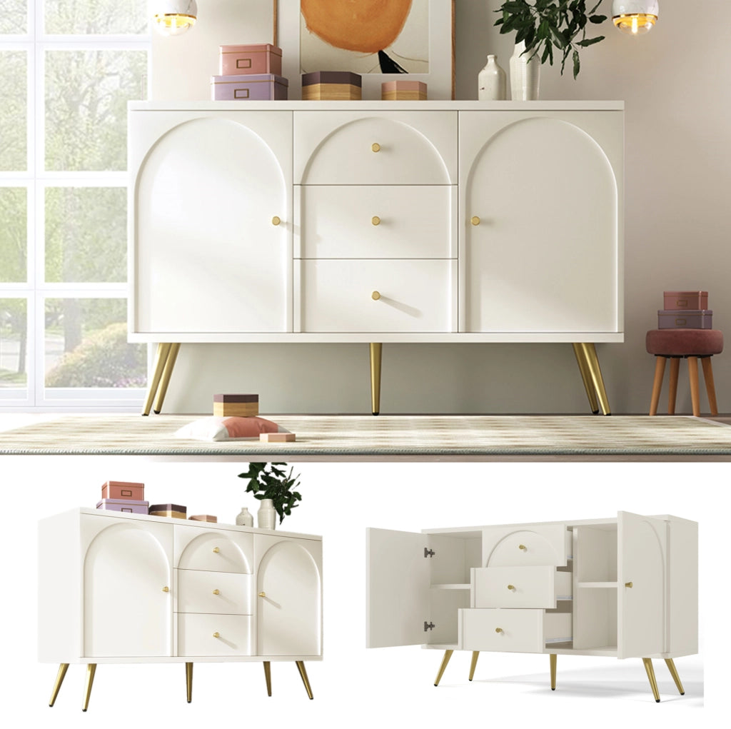 Credenza con 2 porte e 3 cassetti; ripiano regolabile; H84x140x40 cm; crema bianco