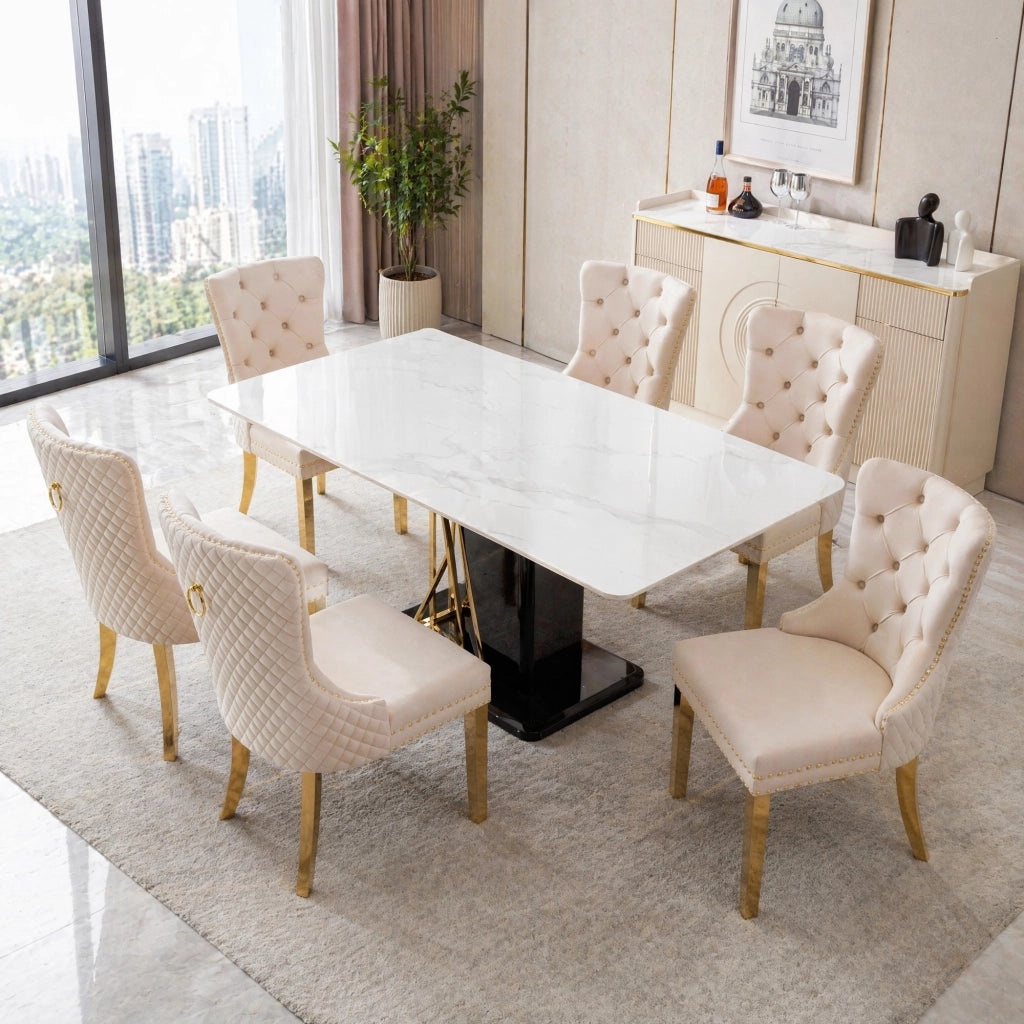 Sedia da Pranzo Imbottita con Schienale con Batacchio, Borchie Decorative e Piedini Regolabili, Velluto Beige 50.5 × 45 × 95 cm