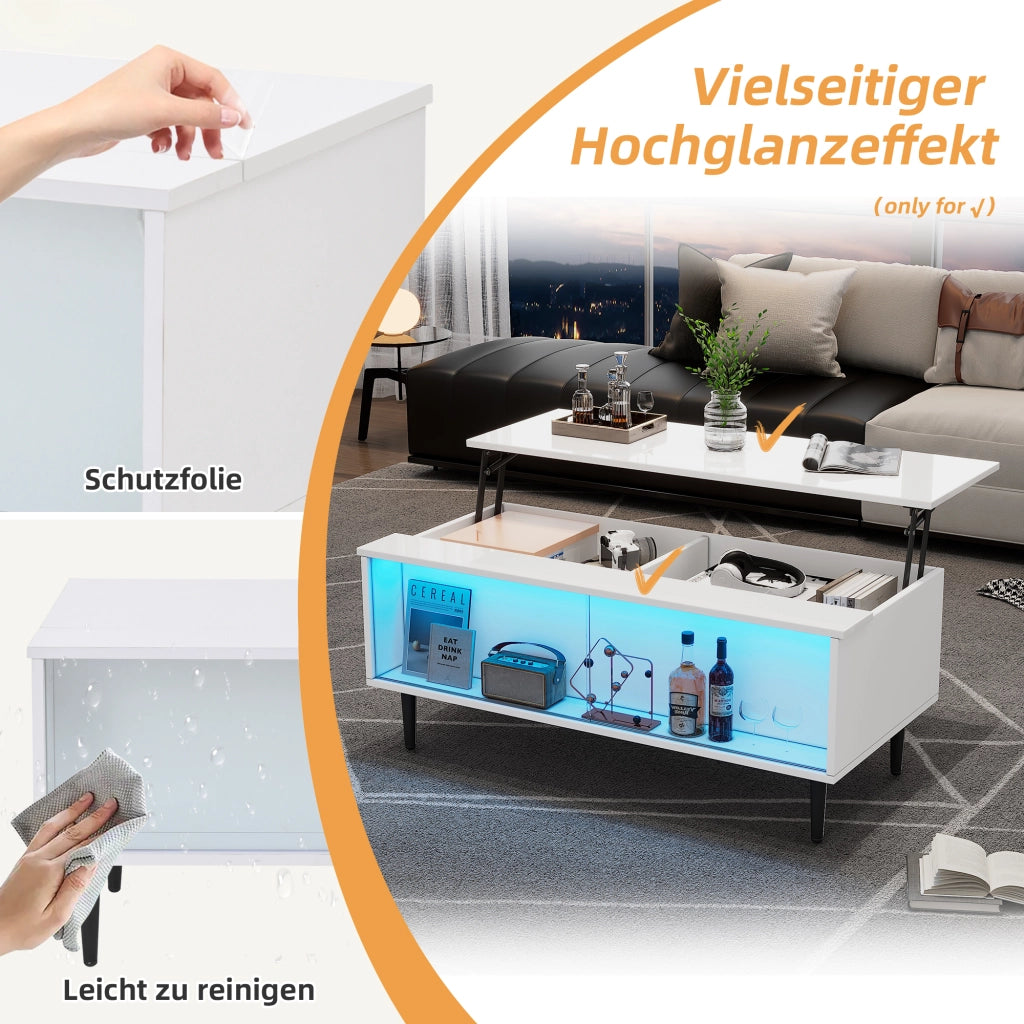 Tavolino da caffè alzabile con LED e vani contenitore - per soggiorno - 105×50×43 cm - bianco