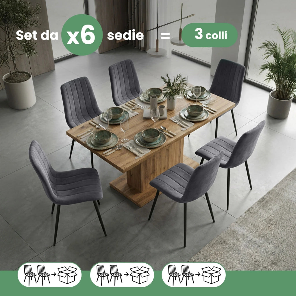 Set di 6 Sedie in velluto trapuntate LIVO Grafite Scuro gambe nere