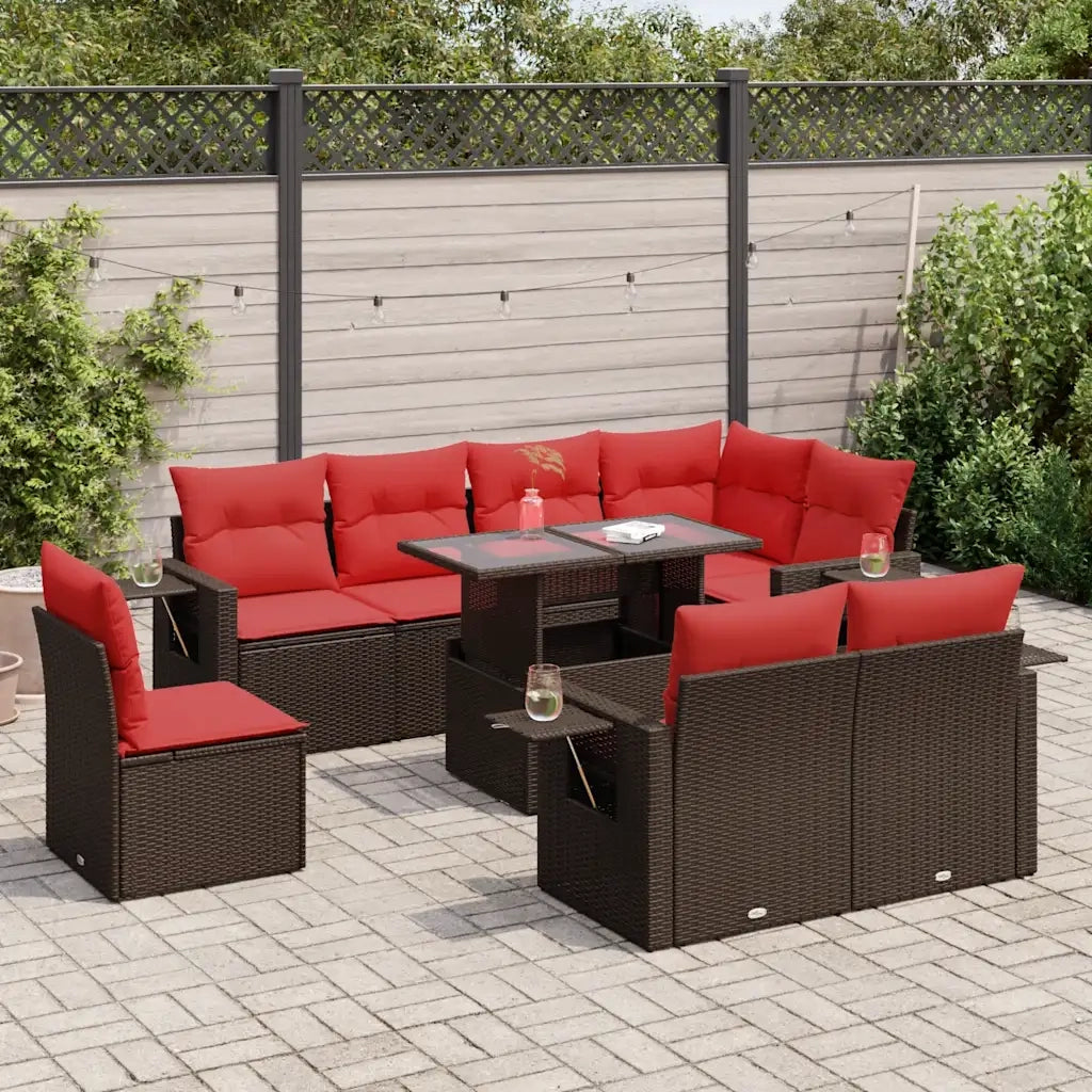 Set Divani Giardino 9 pz con Cuscini Marrone Polyrattan Acacia