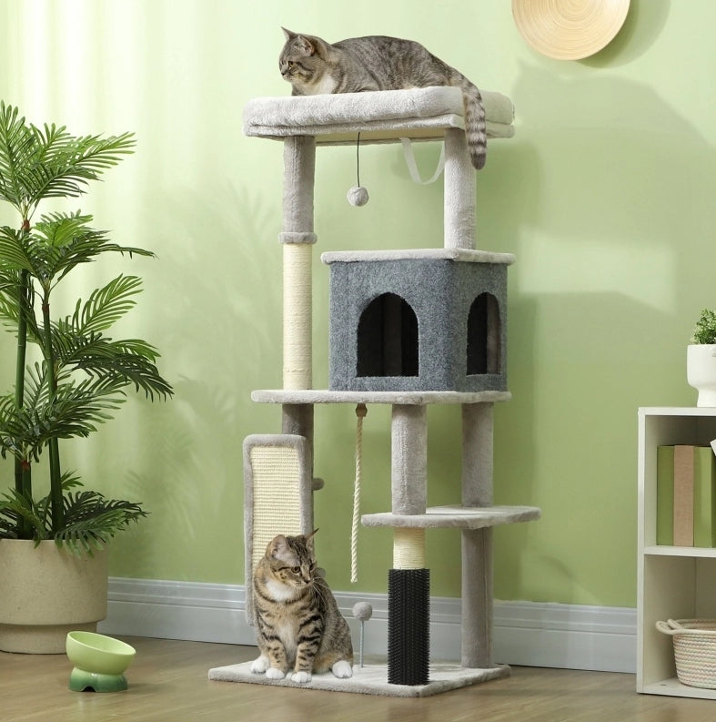 Tiragraffi per gatti 132 cm grigio chiaro con cuccia e piattaforme