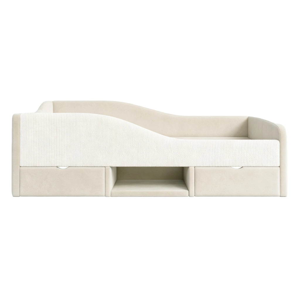 Letto per bambini 90x190 cm in velluto beige con 2 cassetti e sponde imbottite