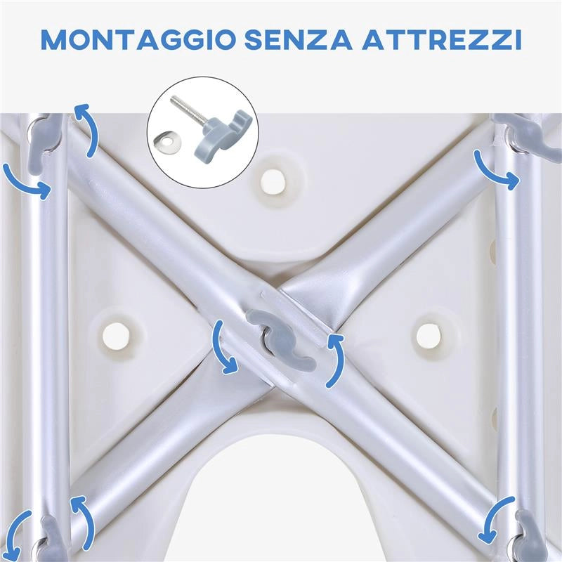 SEDIA DOCCIA REGOLABILE SU 8 LIVELLI CON FORI DI DRENAGGIO, IN ALLUMINIO E PE, 48X42X71-83.5 CM, BIANCO E ARGENTO