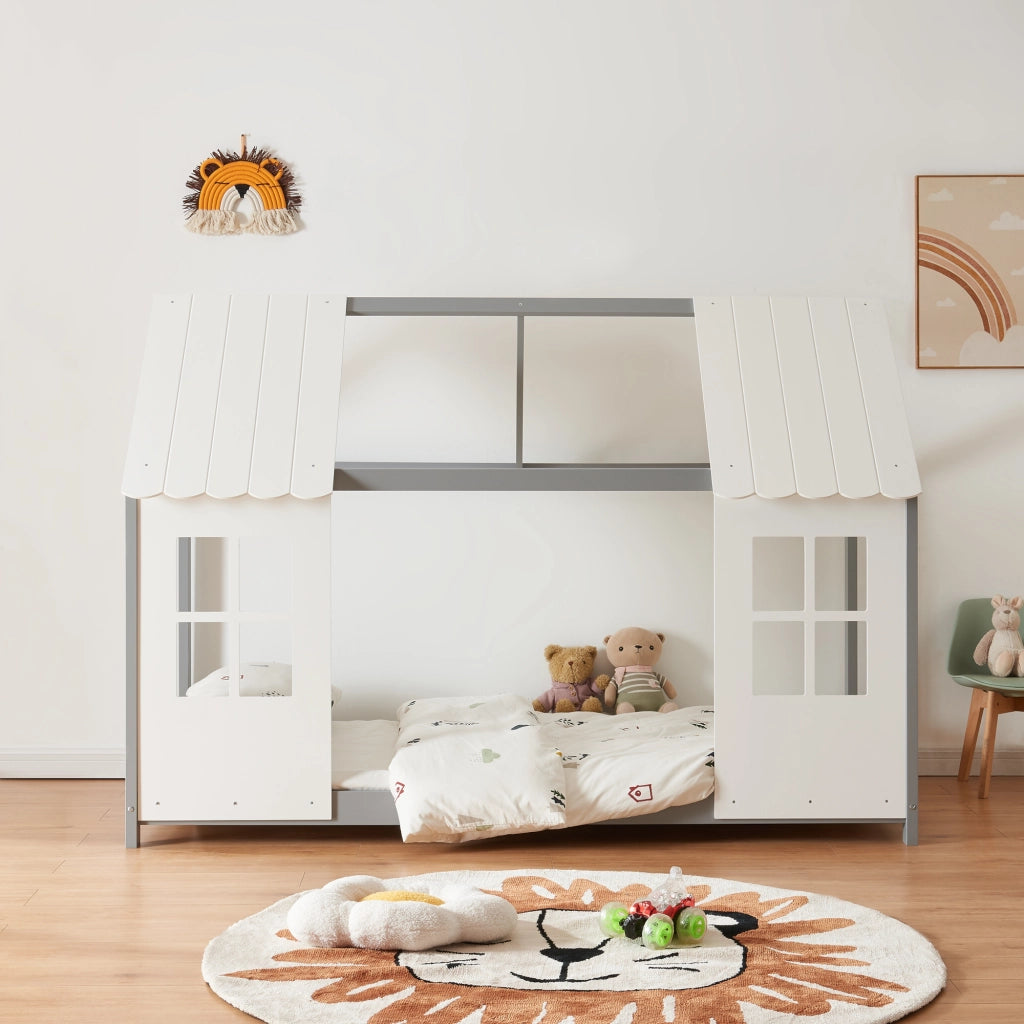 Letto Tostedt per Cameretta a Forma di Casetta Semiaperta 90 x 200 cm Grigio / Bianco [en.casa]