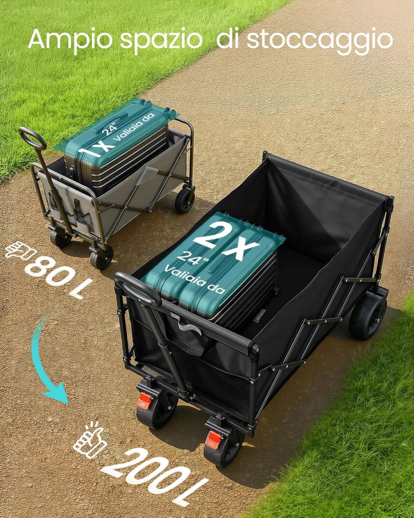 SONGMICS Carrello Pieghevole, Carrello da Giardino, con Manico, 4 Ruote Rinforzate di cui 2 Universali, per Esterni, Giardino, Portante di 180 kg, 200 L, Nero Inchiostro GFW201B101