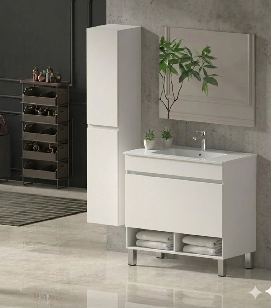 Mobile Bagno NEBARI com gambe Già Montato 1 cassetto, lavabo e specchio Bianco lucido 60x45 cm con colonna