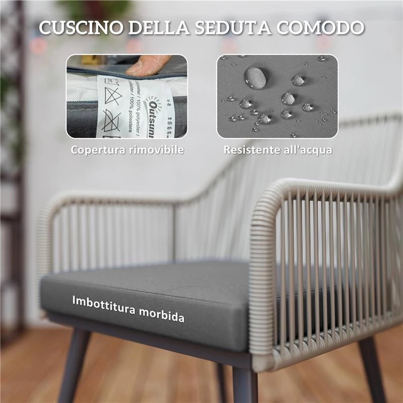 SET DA GIARDINO 5 PEZZI IN RATTAN E ACCIAIO CON 4 SEDIE DA ESTERNO E TAVOLO ROTONDO CON FORO MARRONE E GRIGIO