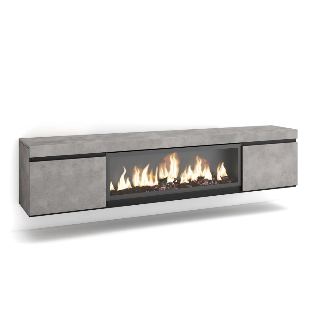 Mobile TV, Soggiorno, 208x35x45cm, Per TV fino a 80", Camino elettrico XXL, da appendere, grigio cemento RF3207