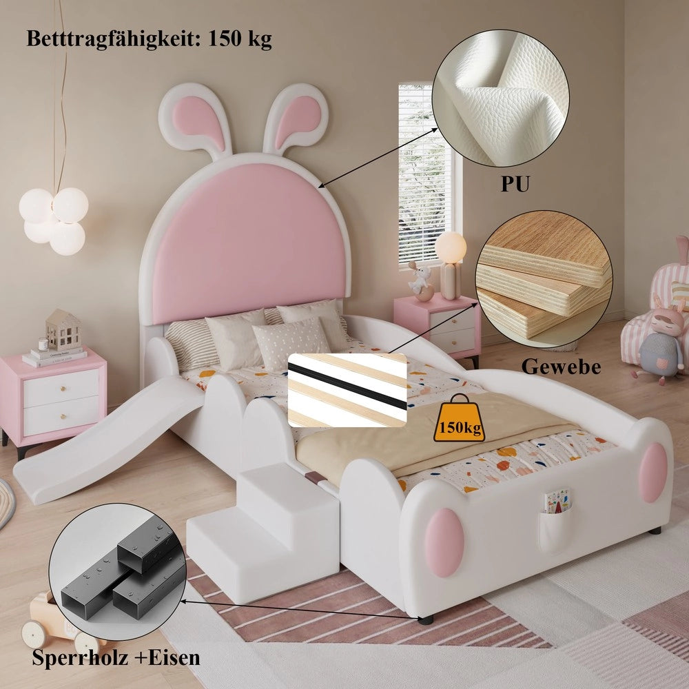 Letto Singolo Bambini con Scivolo e Testiera Orecchie ¨C MINIMAL ¨C PU Bianco Rosa 90x200