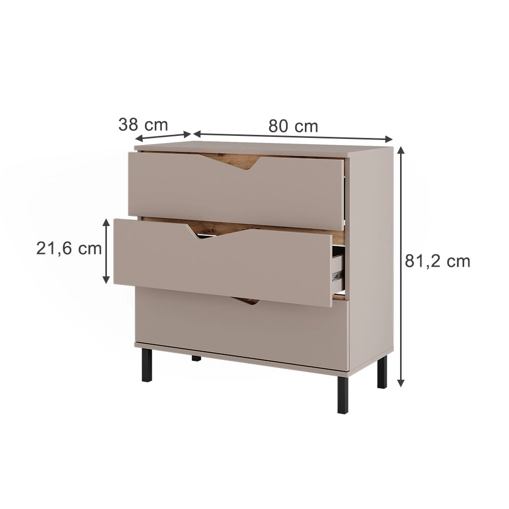 Vicco Cassettiera per camera da letto Greige/rovere artigianale 80 x 81.2 cm con 3 cassetti