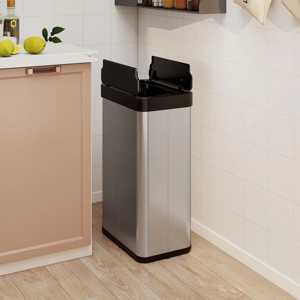 60L Cestino per Rifiuti con Coperchi a Ali, Pattumiera in Acciaio Inox Spazzolato con Sensore di Movimento a Infrarossi, Bidone Automatico per Camera da Letto, Bagno e Cucina (Argento)