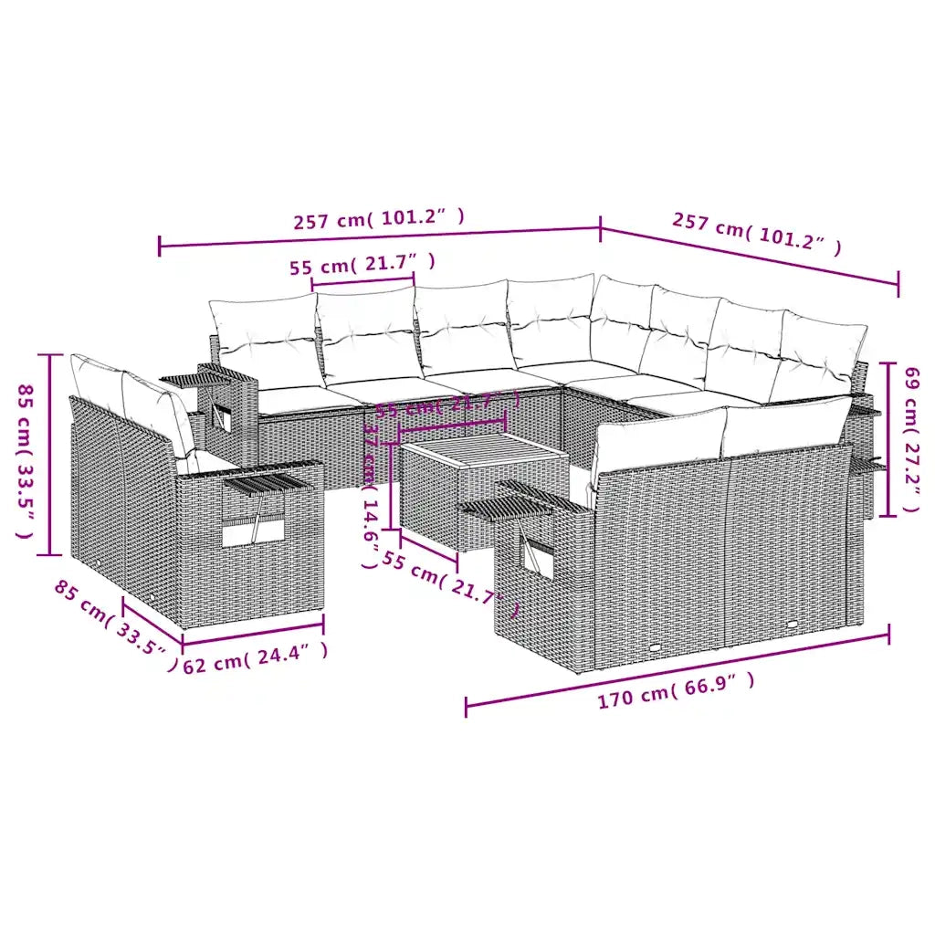 Set Divani da Giardino 12 pz con Cuscini Nero in Polyrattan 3224825
