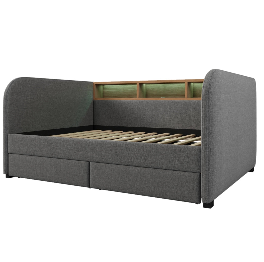 Letto imbottito 140x190 cm con LED; USB C; 2 cassetti e testiera contenitore; lino grigio