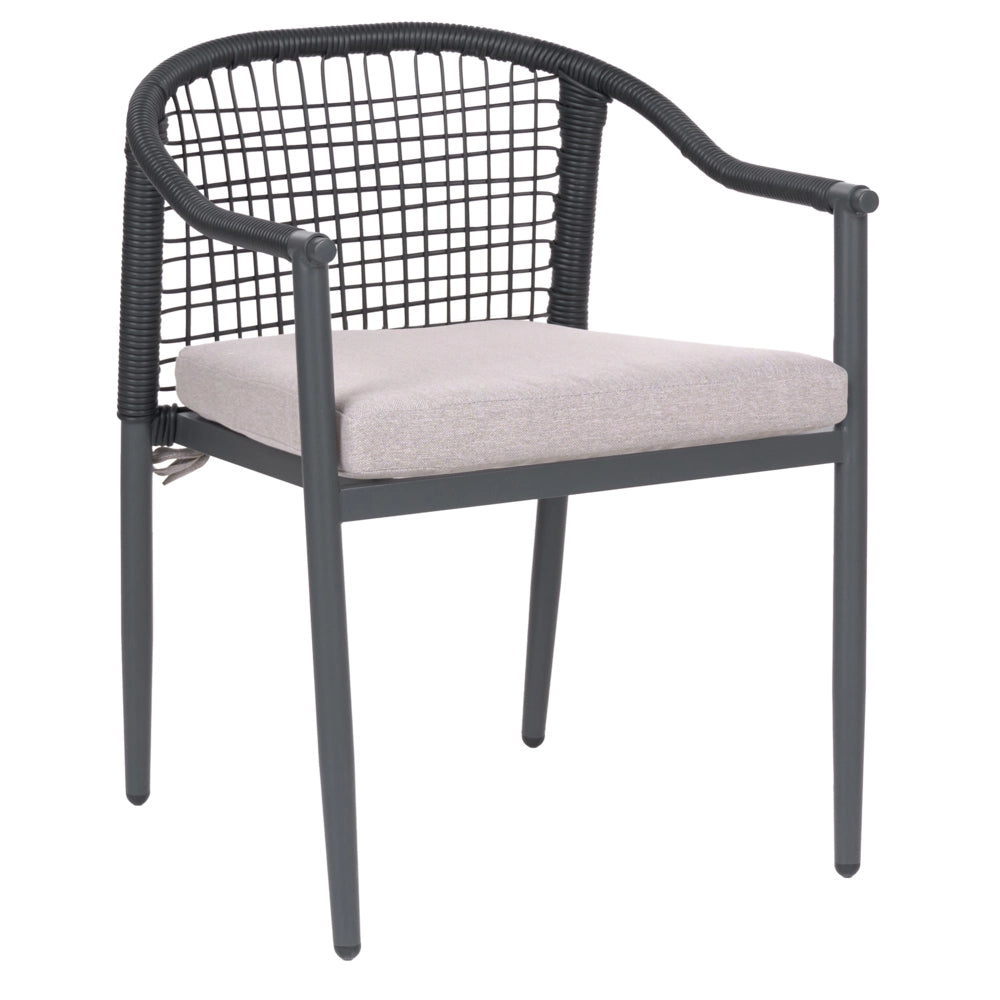 Set di 4 Sedie da Giardino Impilabili in Alluminio Nero e Rattan PE con Cuscini Beige per Esterni