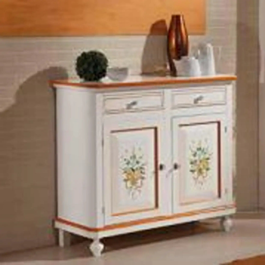 Credenza napoletana in legno bianco decorata filo arancione