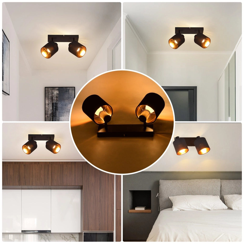 ZMH Faretto da soffitto neri vintage 2 E14 rotativi 350° paralume tessuto per soggiorno camera senza lampadina