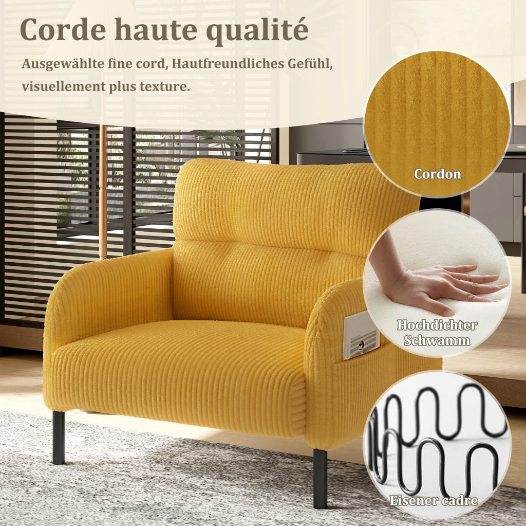 Poltrona singola in velluto a coste giallo con tasca laterale; 67x75x79 cm; struttura in metallo