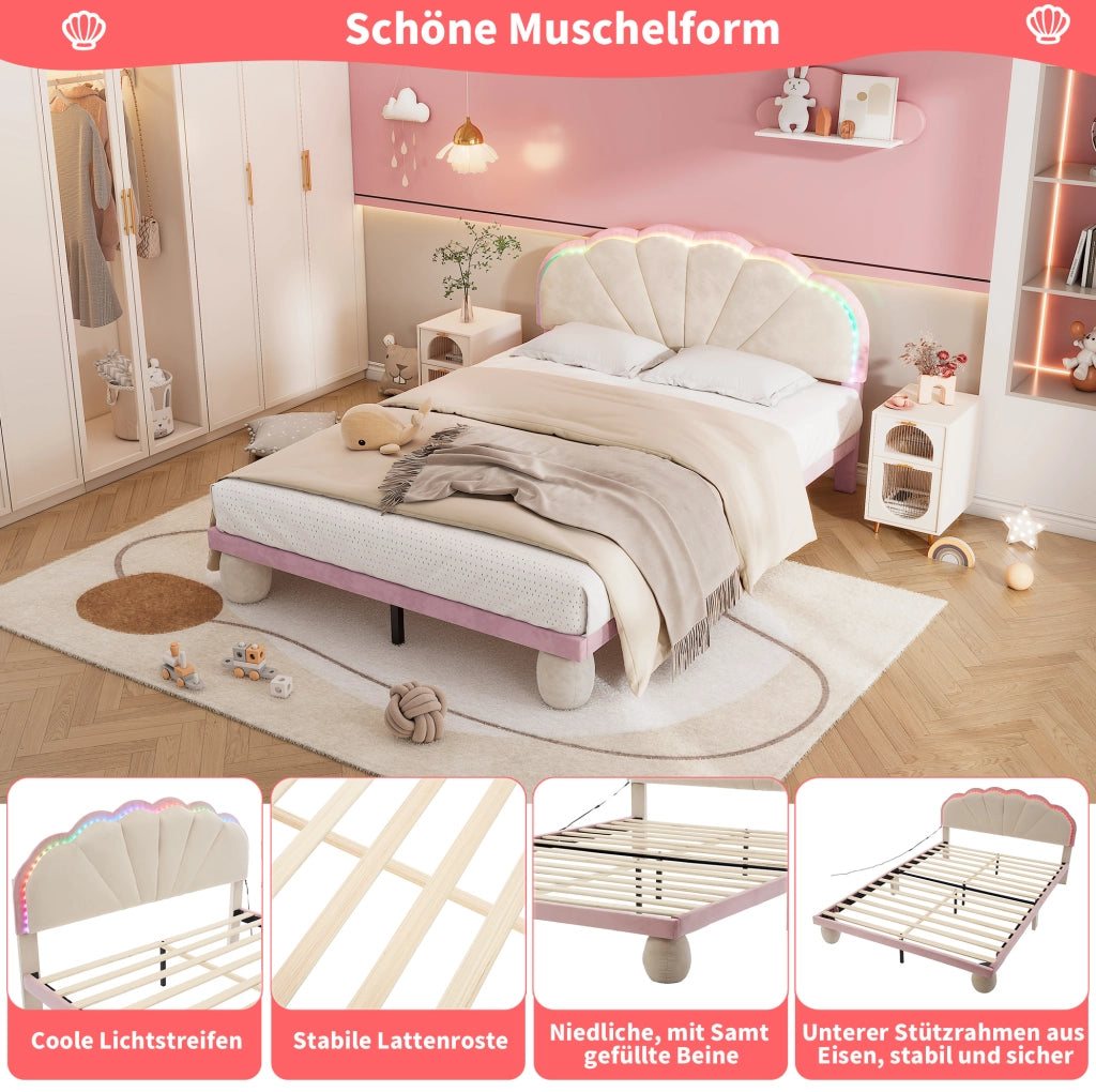 Letto matrimoniale imbottito 140x200 cm in velluto beige con strisce LED multicolore