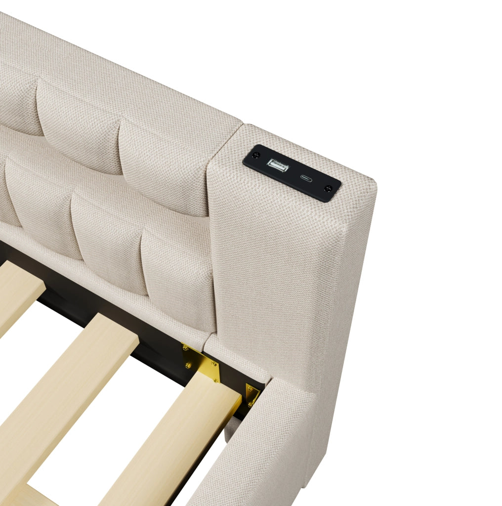 Letto Daybett in Lino Beige 140x200 cm con Letto Estraibile, Striscia LED a Telecomando, USB e Type-C