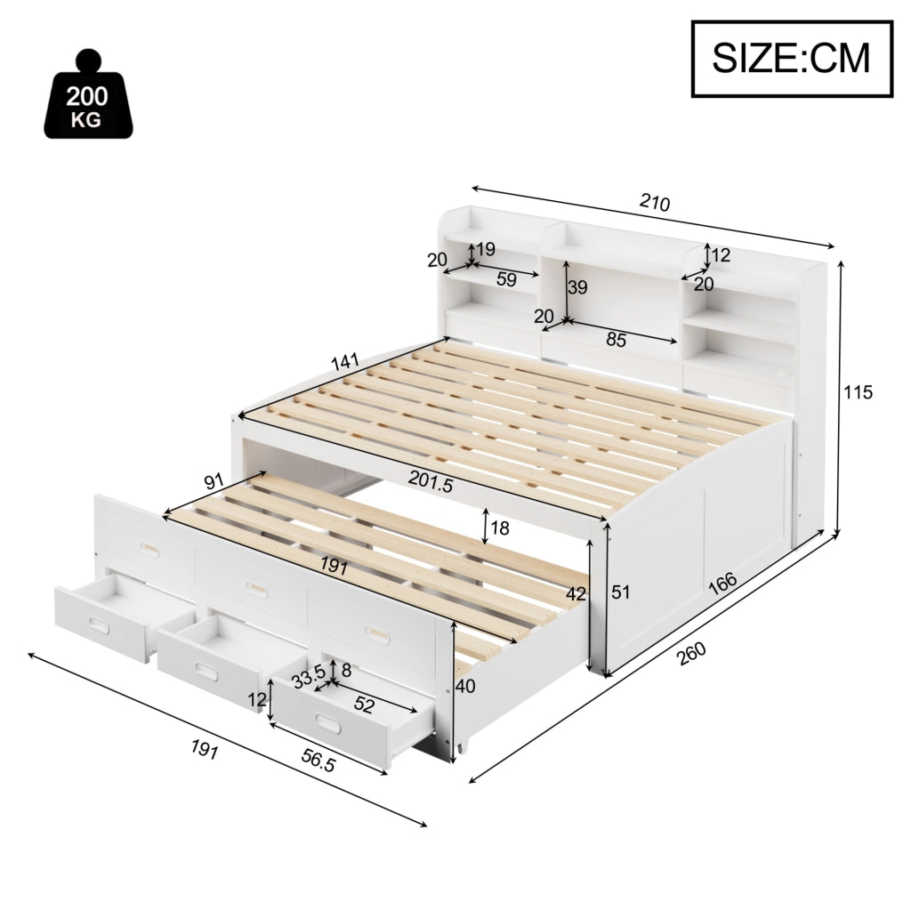 Letto multifunzionale con LED, 3 cassetti e ricarica USB + Type-C