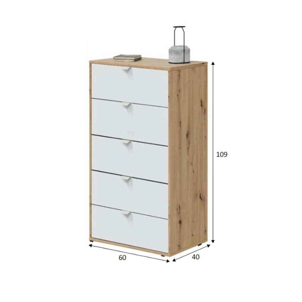 Cassettiera Praha, Settimino multiuso, Comò camera da letto, Mobile con cassetti, 60x40 h109 cm, Bianco e Rovere Nodi