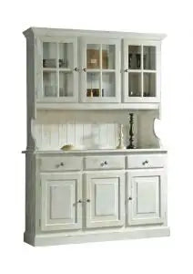 Credenza cristalliera in legno massiccio di pino 3 porte mod Mosella colore bianco anticato