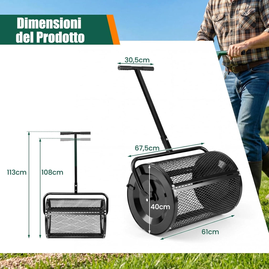 Spandiconcime a Rullo, Rullo da Giardino con Impugnatura Pratica Chiusure Laterali e Rete in Metallo per Concimazione e Semina, Spandiconcime per Prato e Giardino (40 x 61 cm Nero)