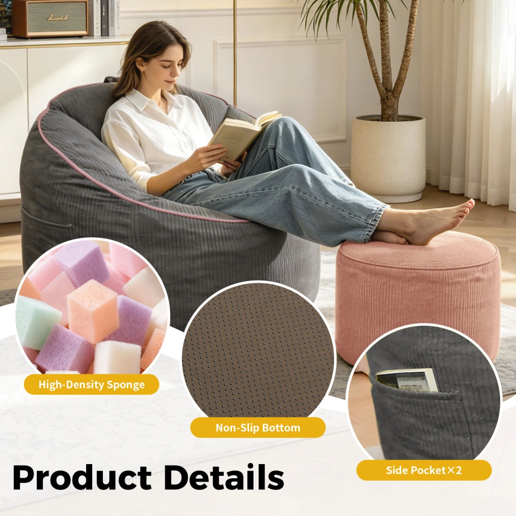 Fauteuil pouf ergonomico con tasca laterale e pouf cilindrico in flanella grigio 50 × 43,5 × 35,5 cm