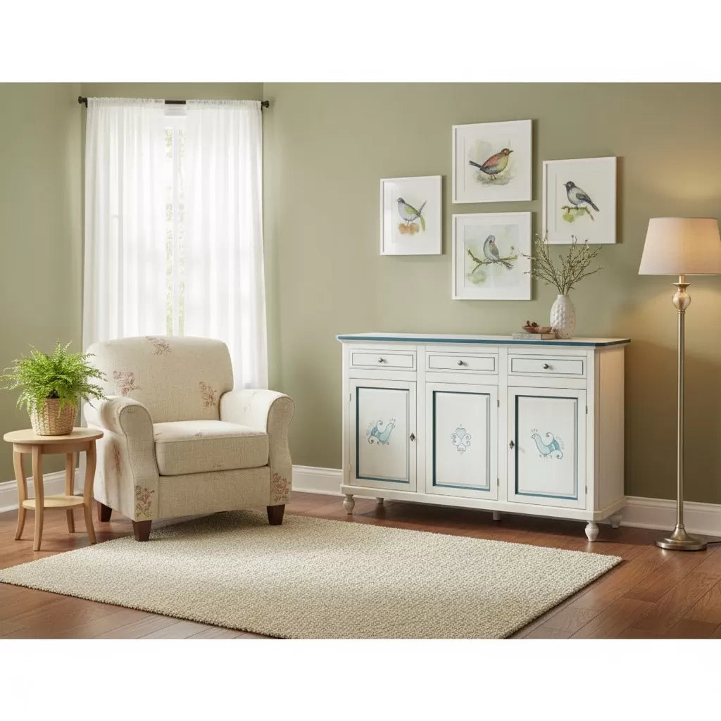 Madia credenza 3 porte legno bianco anticato pavoncella filo blu 150x43x98 - Mobili 2G