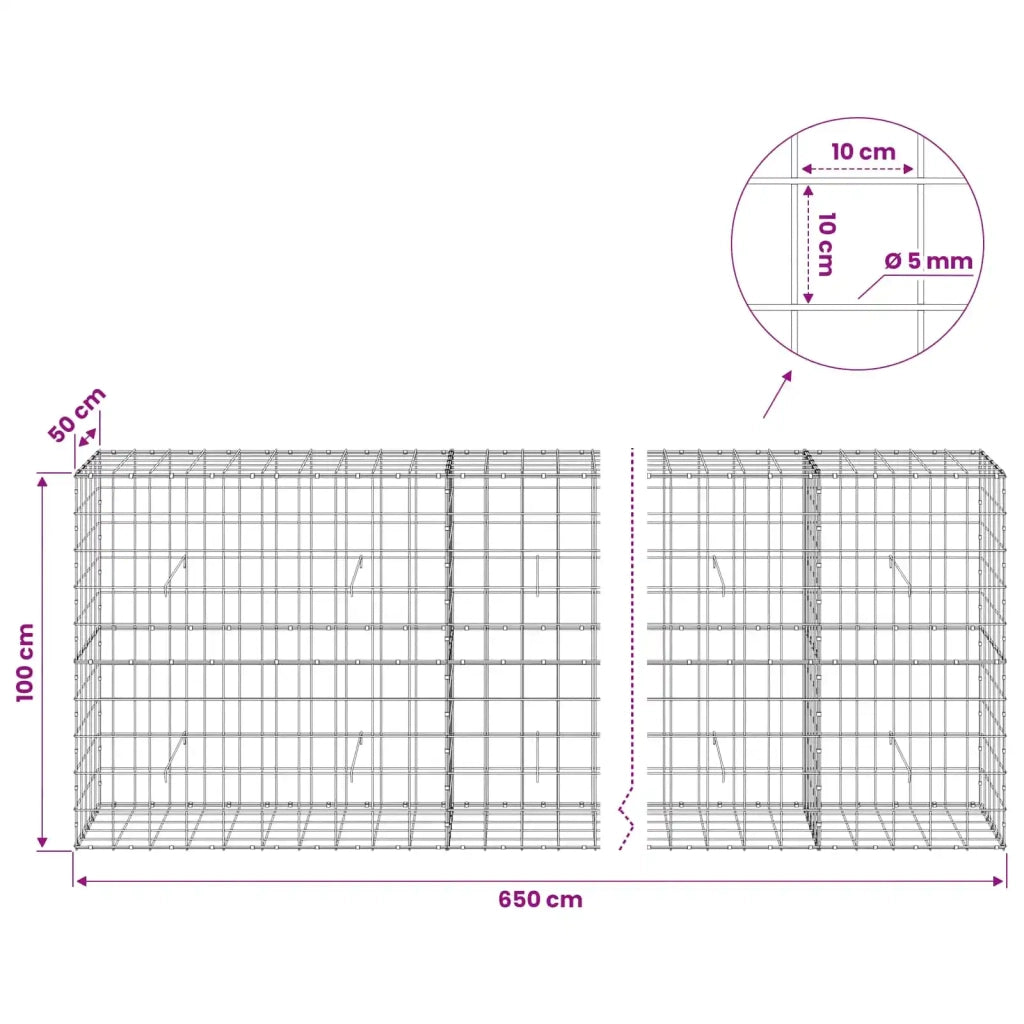 Gabione con Filo da 5 mm e Rete da 10x10 cm 650x50x100 cm 3465223