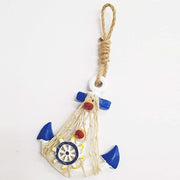 Trade Shop - Appendino Da Parete Ancora Timone Rete Blu Bianco Shabby Marino Decorazione -