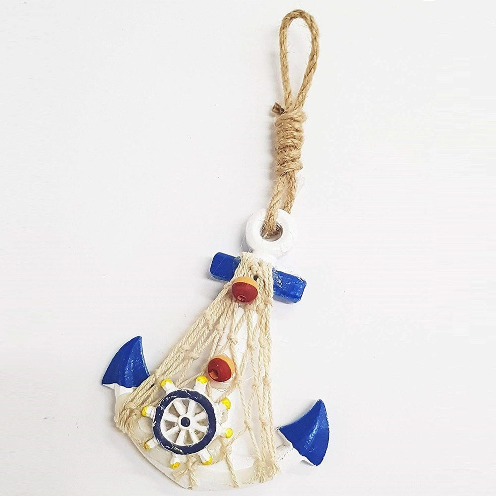 Trade Shop - Appendino Da Parete Ancora Timone Rete Blu Bianco Shabby Marino Decorazione -