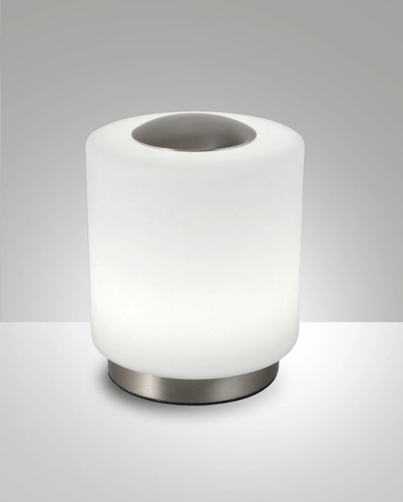 Lampada da tavolo Simi in metallo nichel satinato e vetro soffiato con LED integrato 8W, 3000K, regolazione touch dimmerabile, codice 3257-30-178