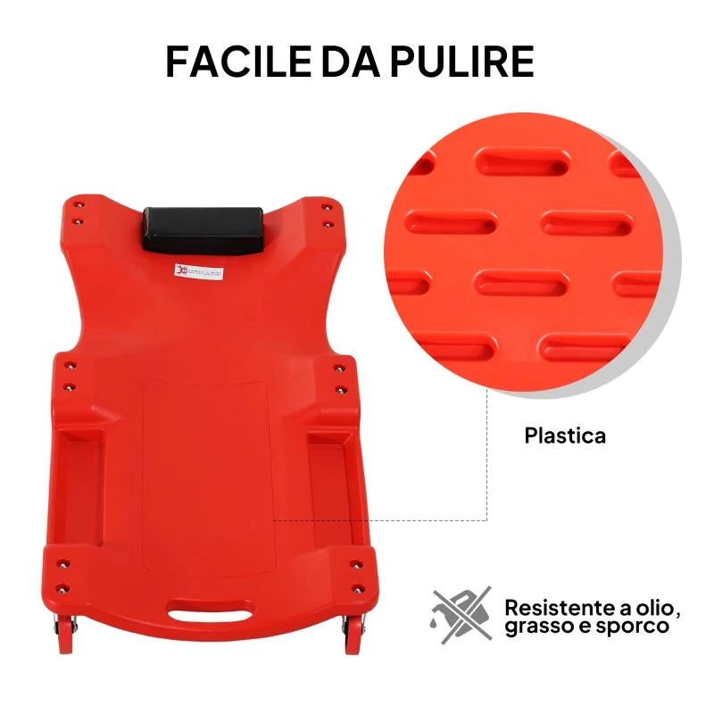 CARRELLO DA MECCANICO CON POGGIATESTA IMBOTTITO E 2 VASSOI LATERALI IN PLASTICA ROSSA, 100X48X12 CM