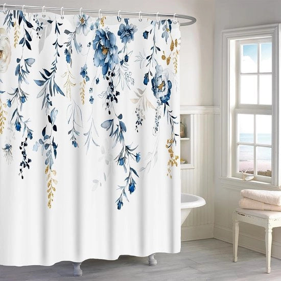 Set di tende doccia con fiori, tende doccia con fiori, set con 12 ganci, tende da bagno, tessuto duraturo, lavabile in lavatrice, 183 x 183 cm
